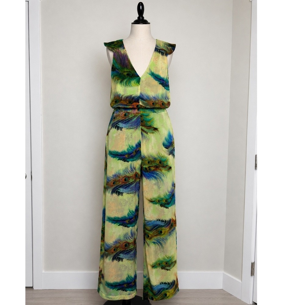 Meghan LA Peacock‎ Feather Print Wide Leg Jumpsuit Green Blue Medium